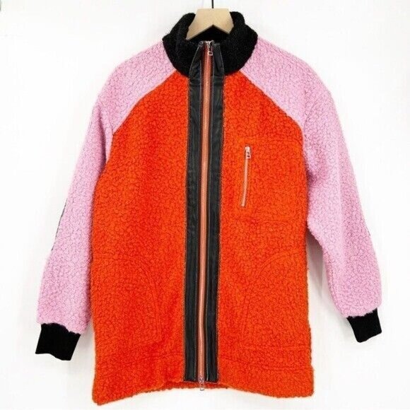 STAUD Scrabble Patchwork Effect Color Block Coat Jacket Size XS Rosebud Poppy - Picture 1 of 10